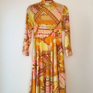 Vintage 1972 Anne Fogarty Disco Design Long Sleeve Fit & Flare Midi Dress Zip
